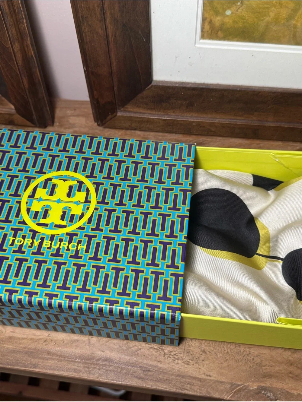 Tory Burch Cream & Black + Blue & Purple Scarf Box Included